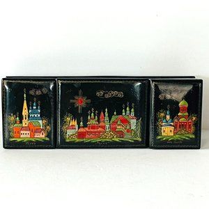 Russian Black Lacquer Box 3 compartments Artist Signed Handpainted 7.25" L